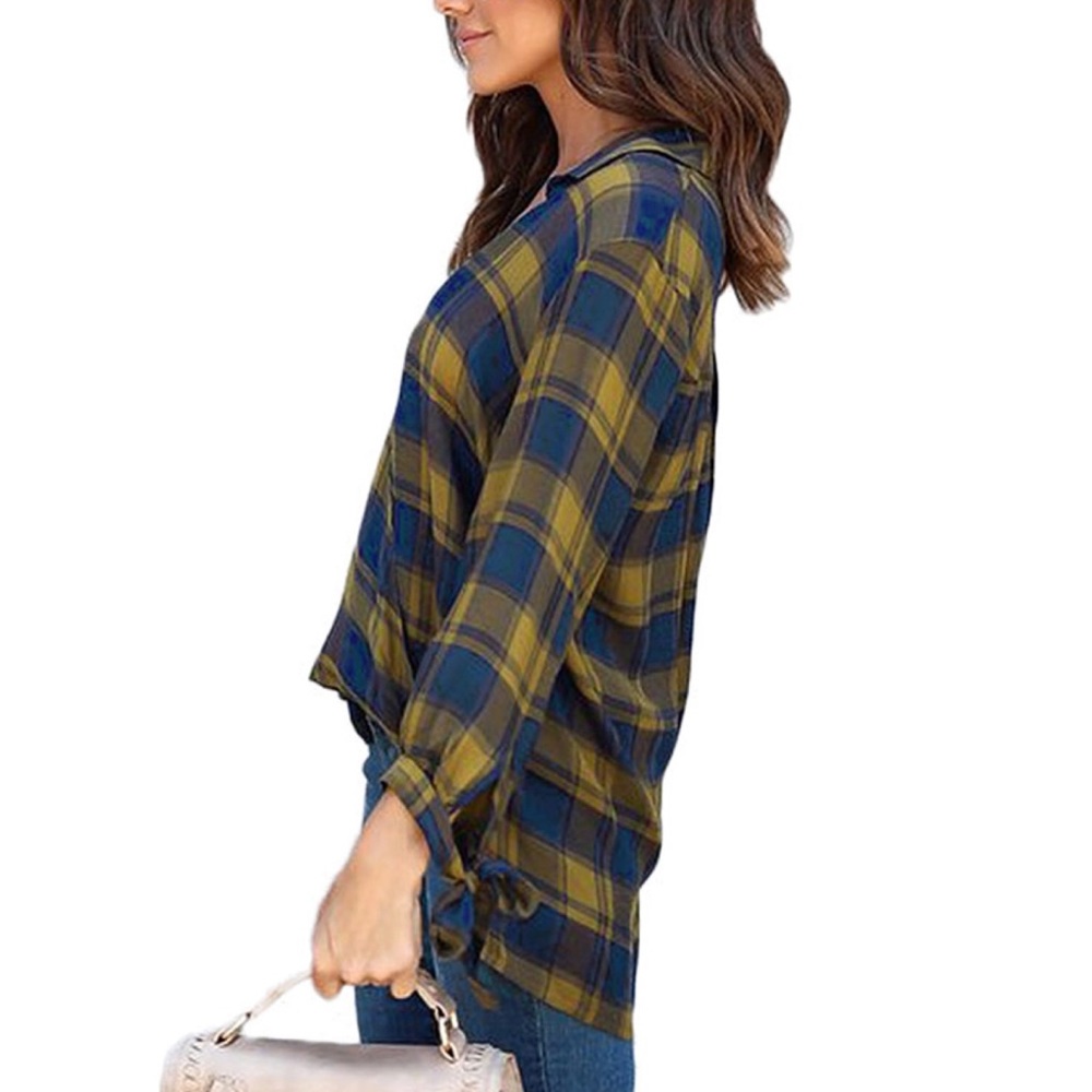 💥 SALE Surplice Tie Sleeve Deep V Plaid Blouse - Picture 2 of 4